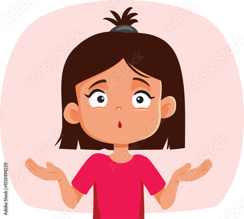 Little Girl Shrugging Feeling Indecisive Vector Character. Small child not knowing what to do feeling puzzled and curious