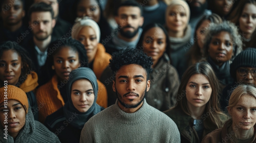 Obraz premium A diverse group with one person standing out in a crowd, highlighting individuality.