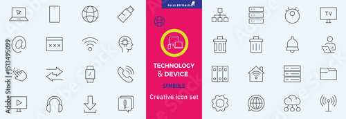 Electronics and Devices web icons in line style. Computing, social network, management, internet, network, programming, Internet connection collection. Vector illustration