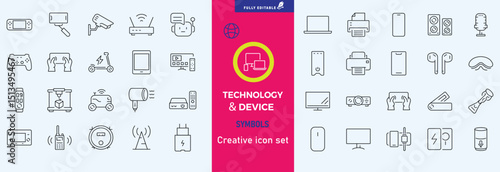 Electronics and Devices web icons in line style. Computing, social network, management, internet, network, programming, Internet connection collection. Vector illustration