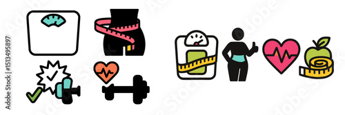 Health and fitness icons representing weight loss, exercise, and healthy eating in a creative design