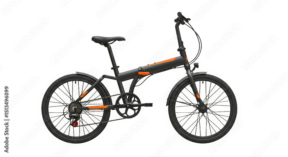 Fototapeta premium A foldable bicycle with black frame and orange accent, shown in a studio setting against black.