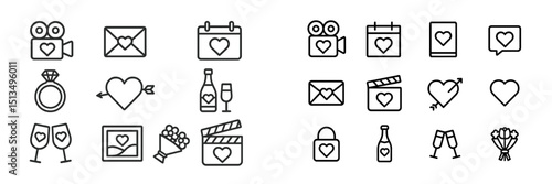 Creative icons representing love and romance for various occasions and celebrations featuring hearts and relationship symbols