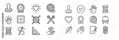 Creative craft symbols featuring various designs like yarn, badges, hearts, and hands for art projects or DIY activities