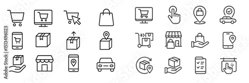 Vector icons representing online shopping and delivery processes including carts, packages, and checkout actions