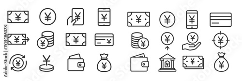 Icons representing various aspects of currency and digital finance displayed on a white background