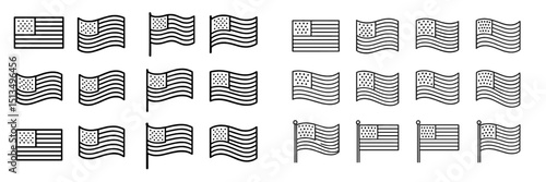 Various styles of American flags displayed in a patterned arrangement showcasing different designs and orientations