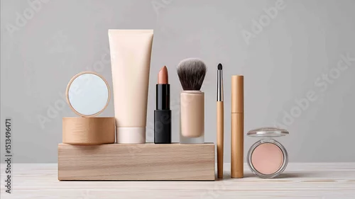 Obraz Minimalist vanity natural wood soft beige backdrop essential makeup items neatly arranged
