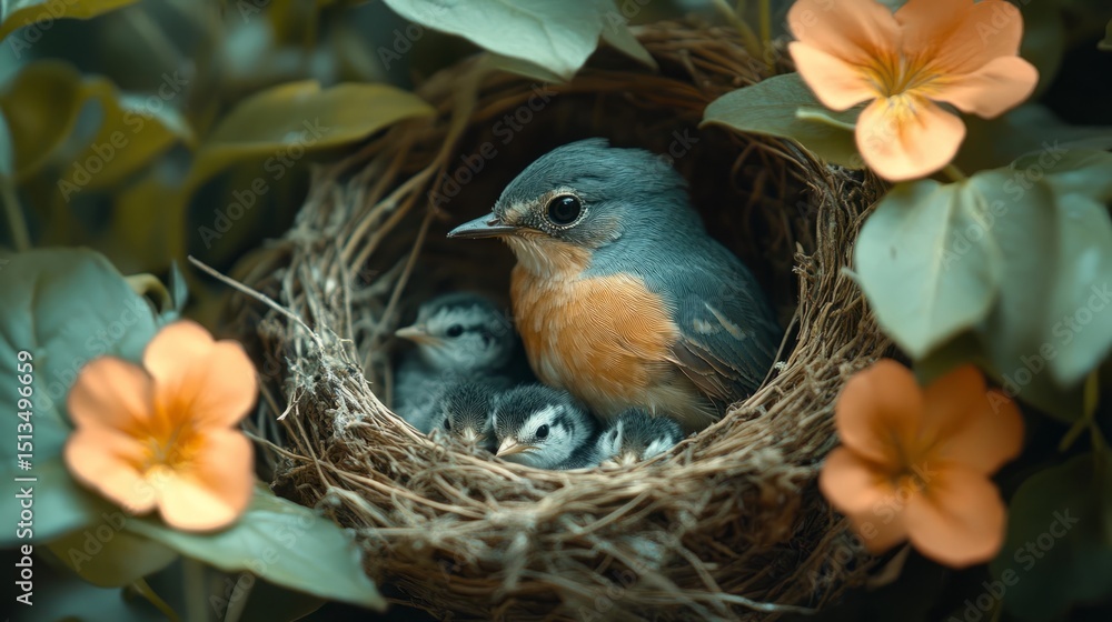 A nurturing bird sits in her nest with three tiny chicks, surrounded by colorful blossoms in a verdant garden A nurturing bird sits in her nest with three tiny chicks, surrounded by colorful blossoms in a verdant garden