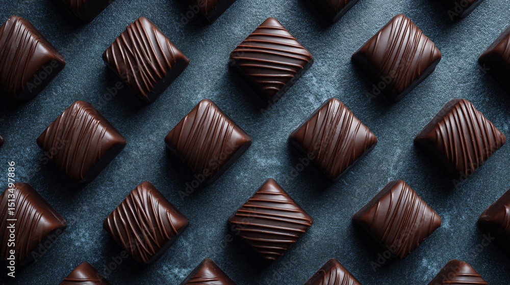 Fototapeta premium Flat lay of chocolate truffles in symmetrical diagonal pattern, slate background, clean lines