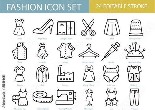 Fashion icon set. Containing tailor, accessories, dress, sewing, fabric, clothes, shoes and beauty icons. Solid icons vector collection.