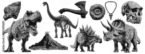 Set of prehistoric dinosaur halftone grunge vector design elements