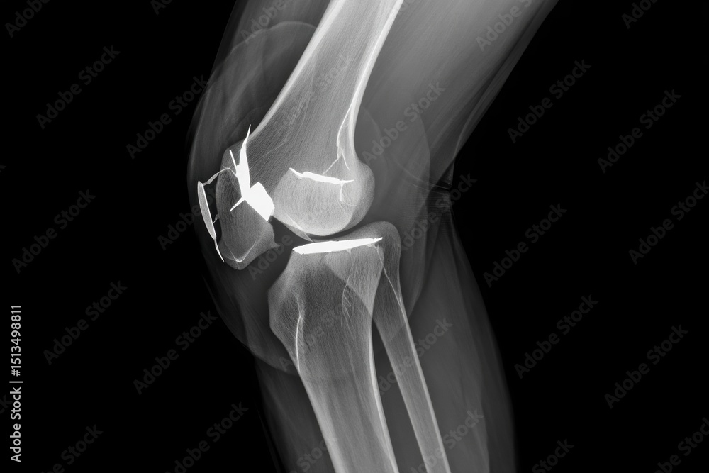 X-ray image of fractured human knee joint - medical diagnosis and orthopedic analysis X-ray image of fractured human knee joint - medical diagnosis and orthopedic analysis
