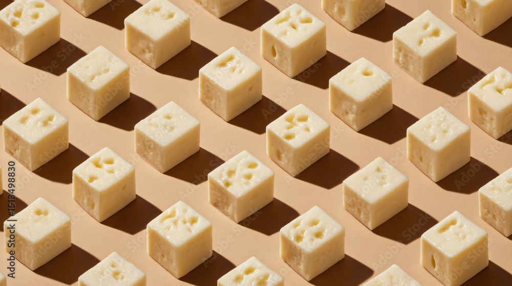 Fototapeta premium Mini cheese cubes in a pixel grid, soft tan paper backdrop, elevated flat lay styling