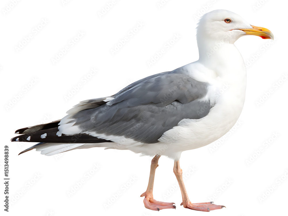Fototapeta premium A side view of a seagull with white and gray feathers standing against a white background in full view