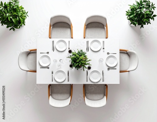 Top view of dining table with chairs white background. 