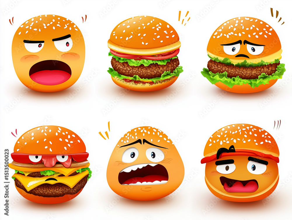 Funny cheeseburger character showing different facial expressions and moods Funny cheeseburger character showing different facial expressions and moods