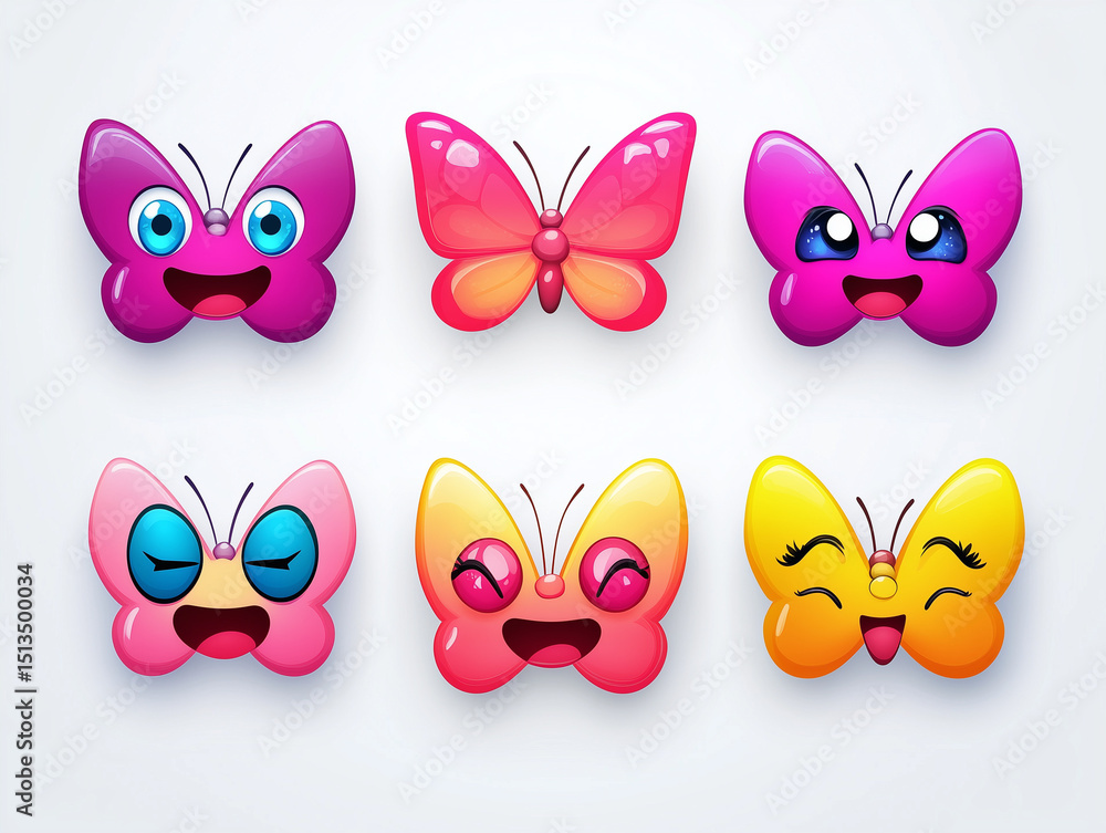Obraz premium Six colorful butterflies showing different emotions are flying on white background