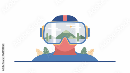Immersive Virtual Reality Experience Person Wearing VR Headset Displaying a Scenic Mountain Landscape in