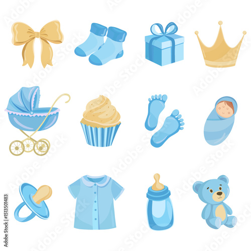 Its a boy elements New born blue flat illustrations for baby shower