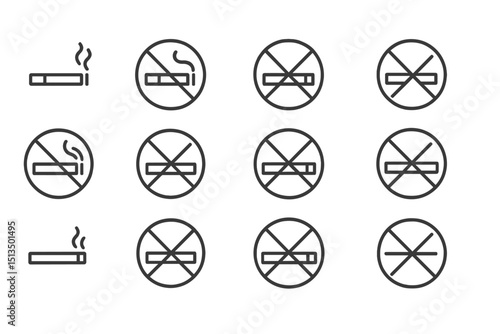 Signage promoting no smoking rules illustrated with various cigarette symbols and prohibition icons in a uniform design