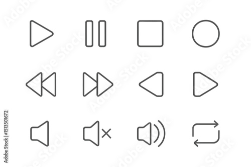 Various multimedia control icons arranged in a grid format showcasing play, pause, stop, and volume functions in digital design