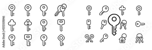 Collection of various key designs in simplistic black and white style for creative and artistic applications