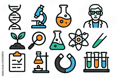 Science icons collection featuring various laboratory symbols and research tools suitable for educational materials and presentations