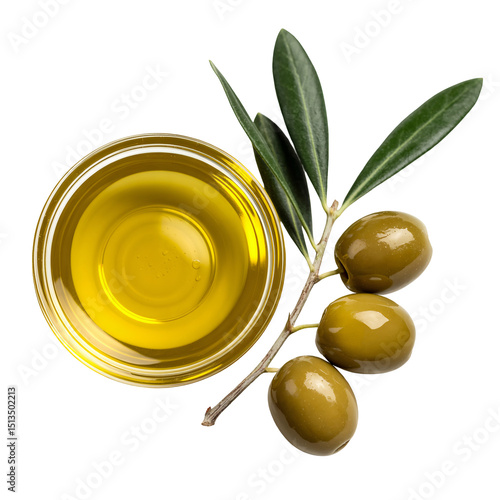 Olive oil in glass bowl with green olives and leaves isolated on transparent background, top view.