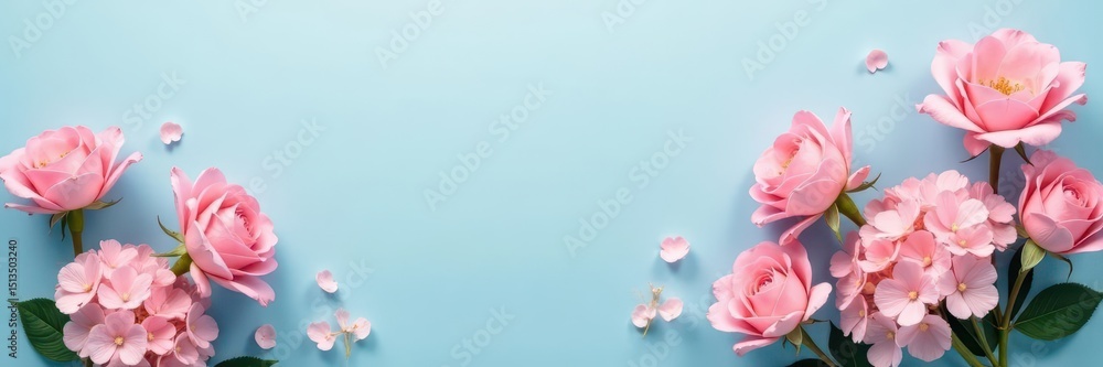 Delicate blush pink roses and hydrangeas on soft blue backdrop, flowers, floral, pink Delicate blush pink roses and hydrangeas on soft blue backdrop, flowers, floral, pink