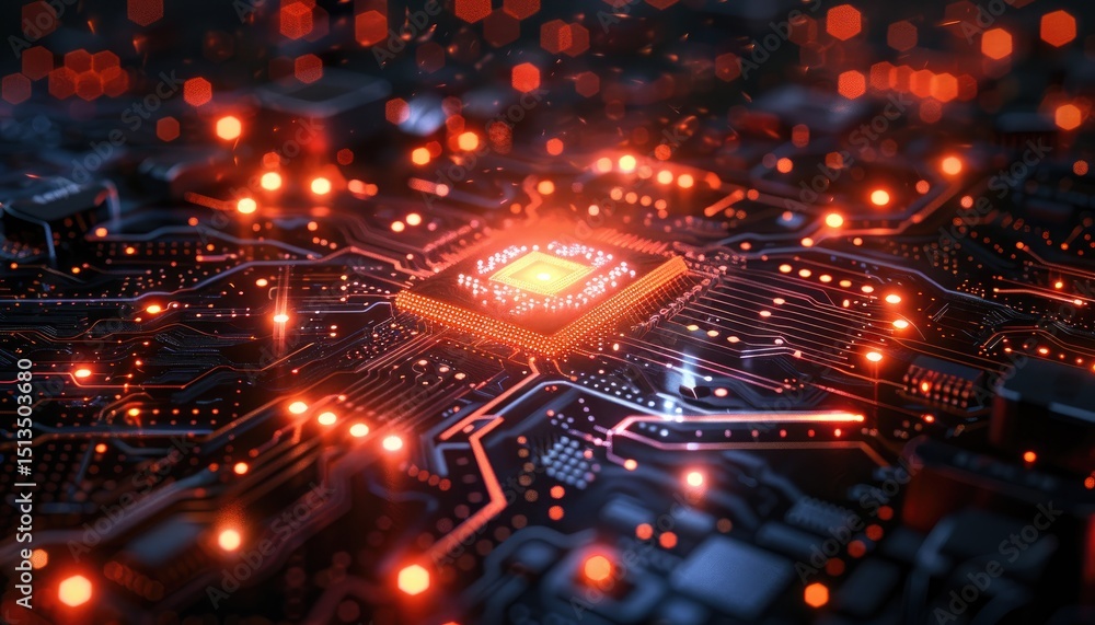 Obraz premium Close-up view of a computer circuit board with a central processing unit.