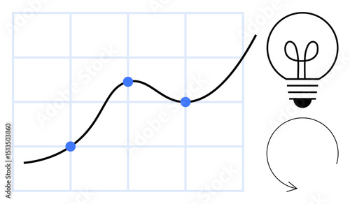 Trending growth line with data points on a grid, light bulb symbolizing ideas, circular arrow for process cycle. Ideal for innovation, progress, strategy, analytics, business, success and growth