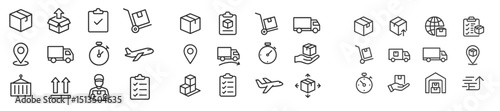 Various delivery and shipping icons illustrating logistics and transportation processes in a modern, minimalistic style