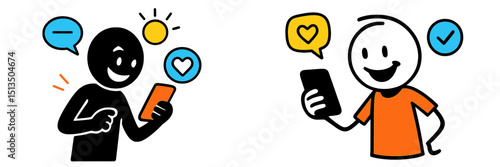 People engaged in friendly conversation through mobile devices, enjoying positive interactions and expressions of happiness