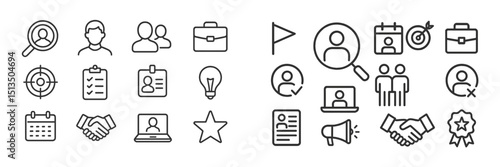 Icons representing various aspects of recruitment and career development in a professional setting