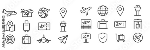 Collection of travel icons depicting air travel, navigation, and airport elements for graphic design and digital projects