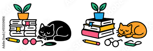 Cozy cats napping beside stacks of books and potted plants in a serene study environment