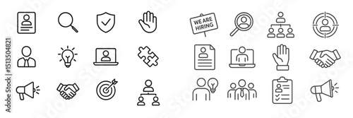 Icons depicting various job search and recruitment activities related to hiring and teamwork in a minimalistic style