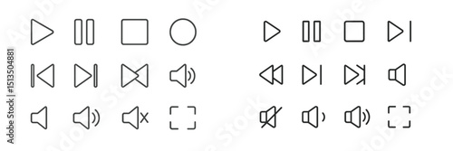 Collection of various multimedia control icons including play, pause, and volume symbols for digital interfaces