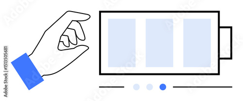 Gesture-based interaction, hand reaching slider with three panels and navigation dots. Ideal for UI design, interactivity, touch interface, technology, browsing, user actions, simple landing page