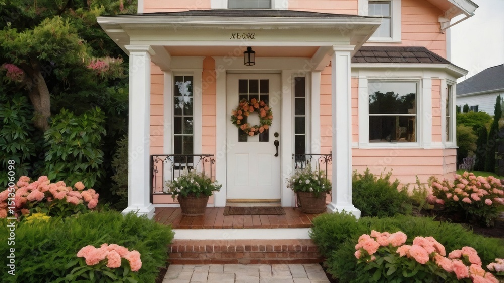 Old residential brick house with a red door and white trim, surrounded by a vibrant flower garden Old residential brick house with a red door and white trim, surrounded by a vibrant flower garden