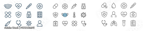 Set of medical and healthcare related icons designed for promoting health awareness and safety measures
