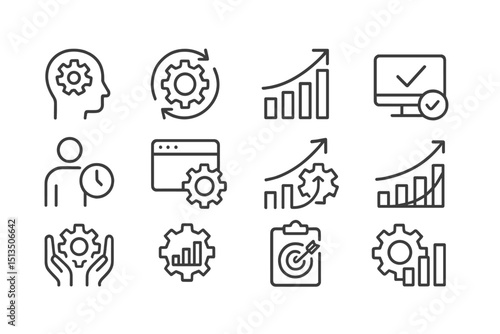 Creative icons representing business growth and productivity strategies in a modern design