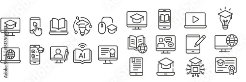 Icons representing online education and learning technologies for digital learners and educators in a modern educational environment