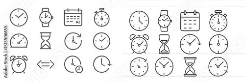 Array of clock and timer icons showcasing various time-related concepts in a minimalist design style