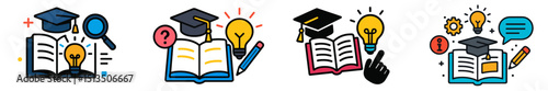 Bright ideas and learning concepts depicted through illustrations of books and graduation caps in an educational setting