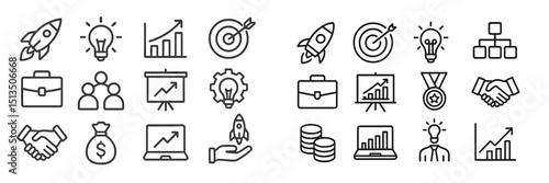 Visually engaging collection of business and innovation icons in a minimalist style showcasing success and teamwork concepts