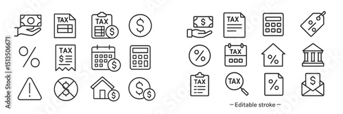 Financial symbols and icons representing tax concepts and accounting activities in a minimalistic design