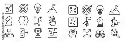 Creative icons representing strategy, innovation, problem-solving, and teamwork in a minimalist design