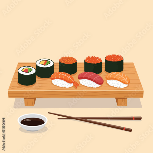 Sushi of various kinds are arranged on a wooden serving board on a light background.